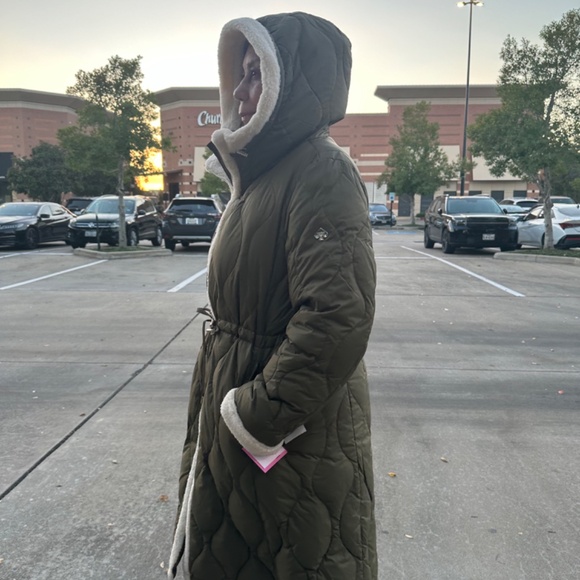 kate spade New York Faux Shearling Trim Down & Feather Fill Coat in Olive XL - Picture 2 of 13